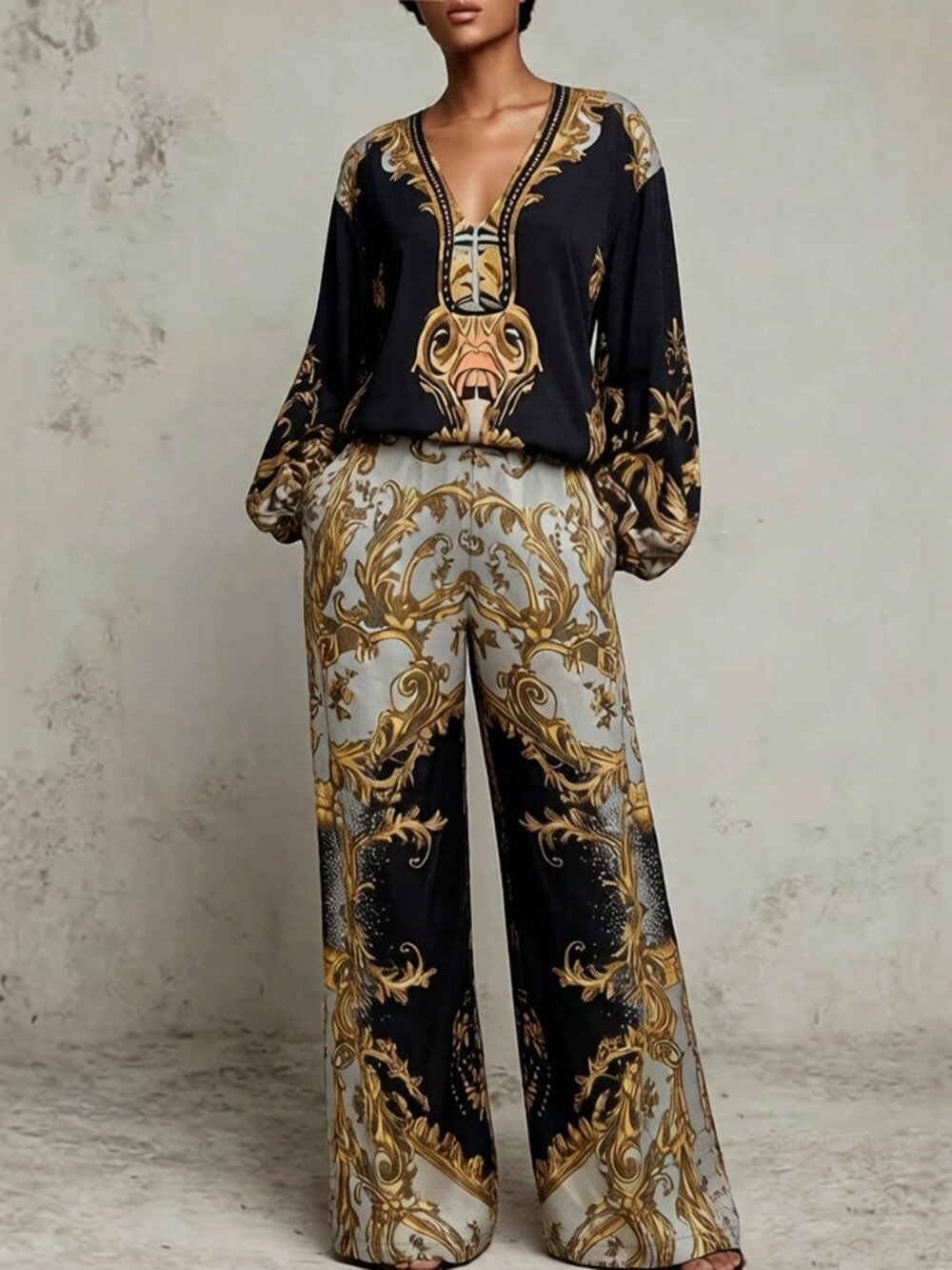 Black Elegant Women's V Neck Pocket Regular Fit Long Sleeve Top And Pants Set